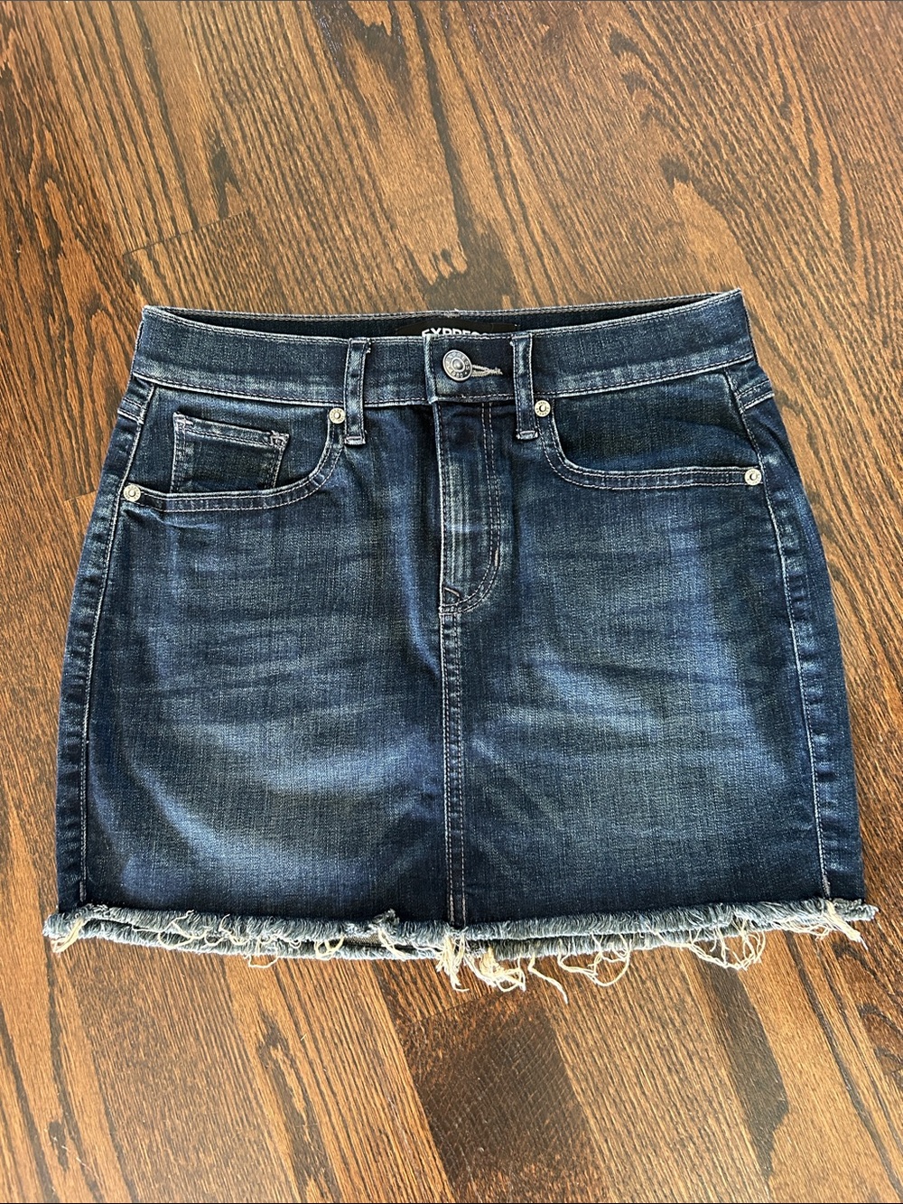 Express Dark Wash Denim Mini Skirt with Raw Hem